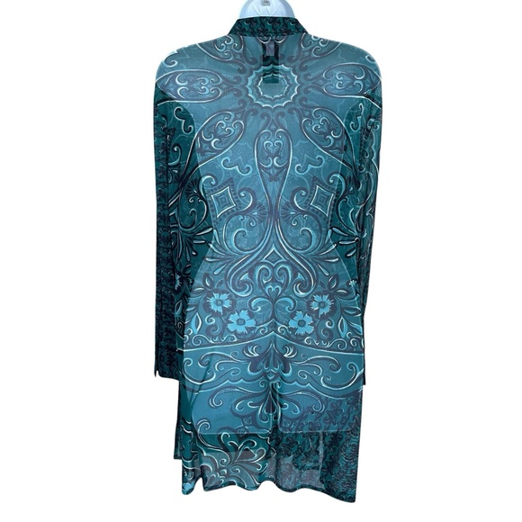 Chico's Traveler 2 Paisley Mesh Tunic Shirt Sz L Long Sleeve Teal Button Up Top - Picture 2 of 4